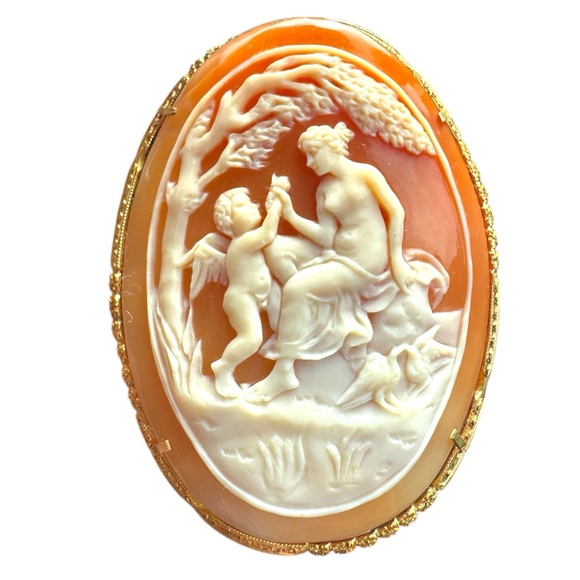 Elegant Vintage Large Italy Veneza 18K Cameo Shell Brooch Original Box 750 - Picture 2 of 8